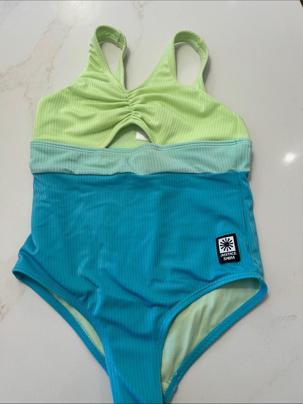 Size S Justice Girls' Teal and Lime Ribbed One-Piece Swimsuit